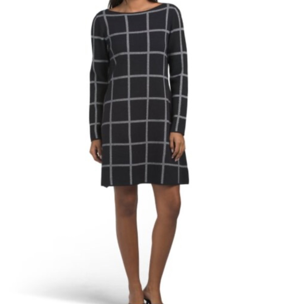 TAHARI Black Onyx XS Long Sleeve Plaid Mini Dress